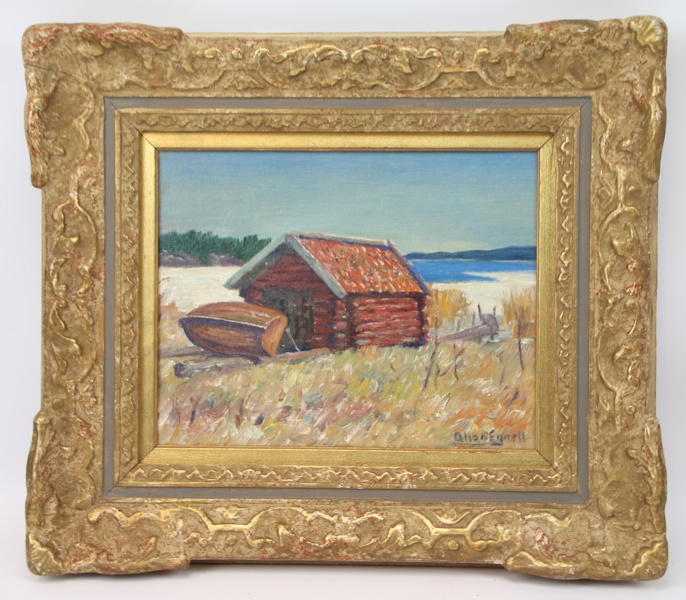 Allan Egnell, "Sjöbod vid Sollenkroka", olja på duk, signerad.