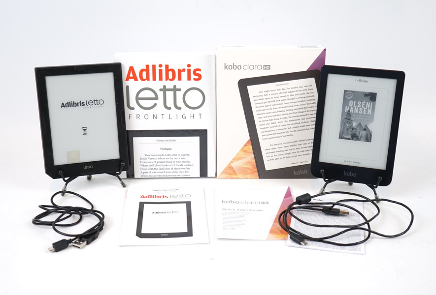 E-bokläsare, 2 st,  Adlibris Letto Frontlight och Kobo Clara HD.