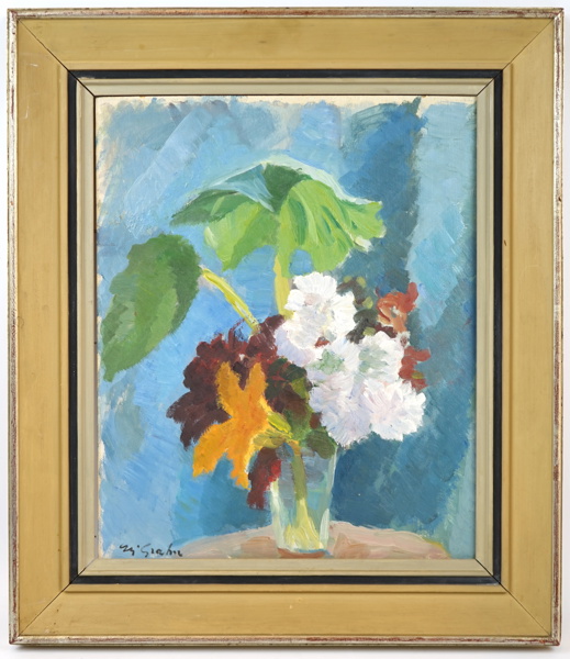 Hjalmar Grahn, "Blommor i glas", olja på pannå, signerad, 1945.