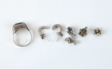 Ring och örhängen, 7 delar, silver.