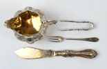 Gräddkanna, gaffel, tång och kniv, silver.