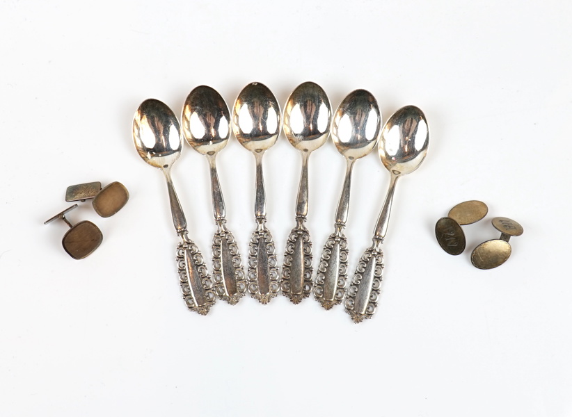 Kaffekskedar och manschettknappar, 8 delar, silver, bl.a ''Carmen''