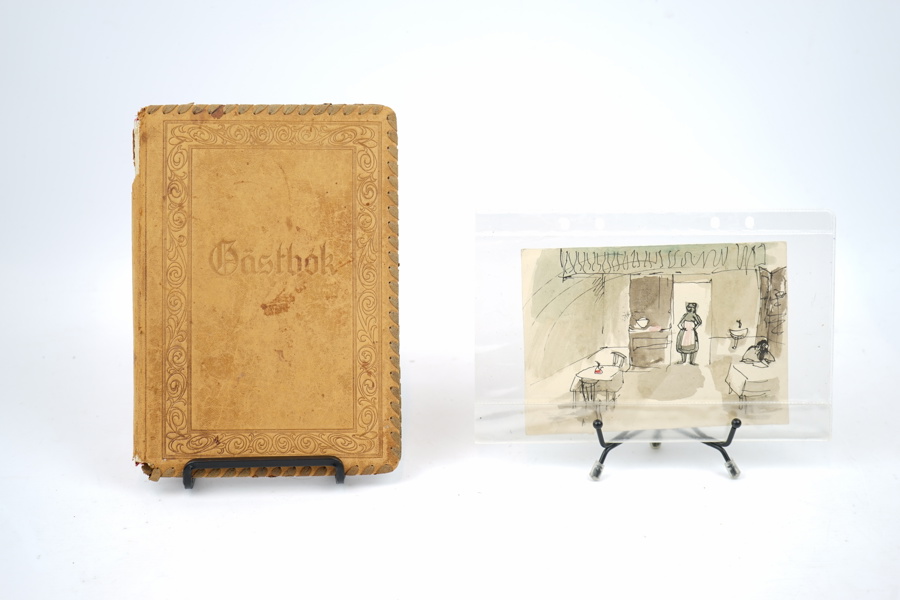 Gästbok med skisser av bl.a Ola Billgren, samt vykort från Hans Billgren.