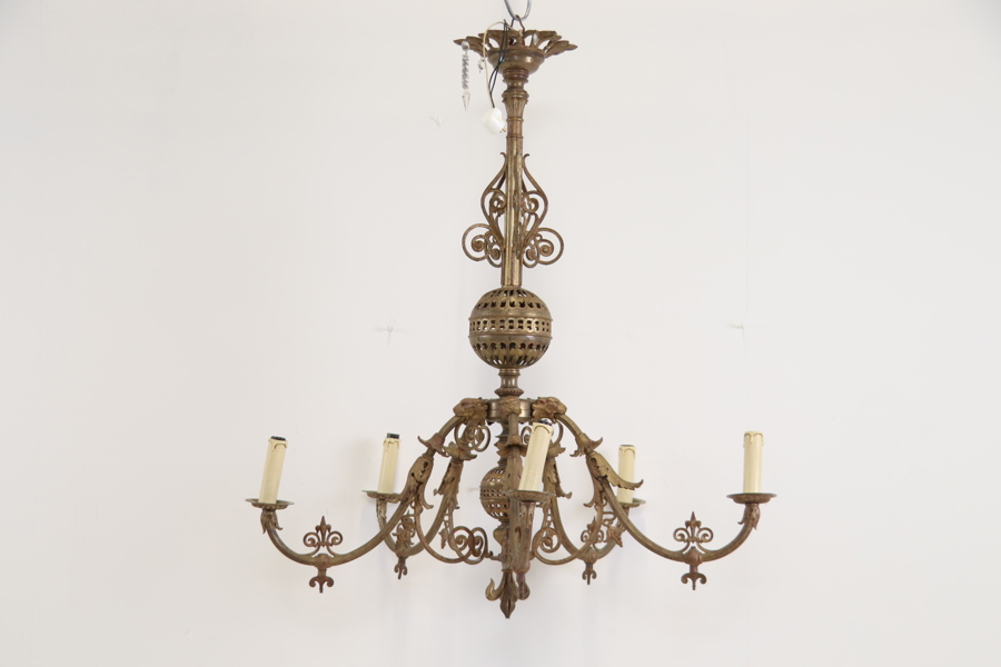 Ljuskrona, 5 ljuspunkter, metall, samt prismor, glas.