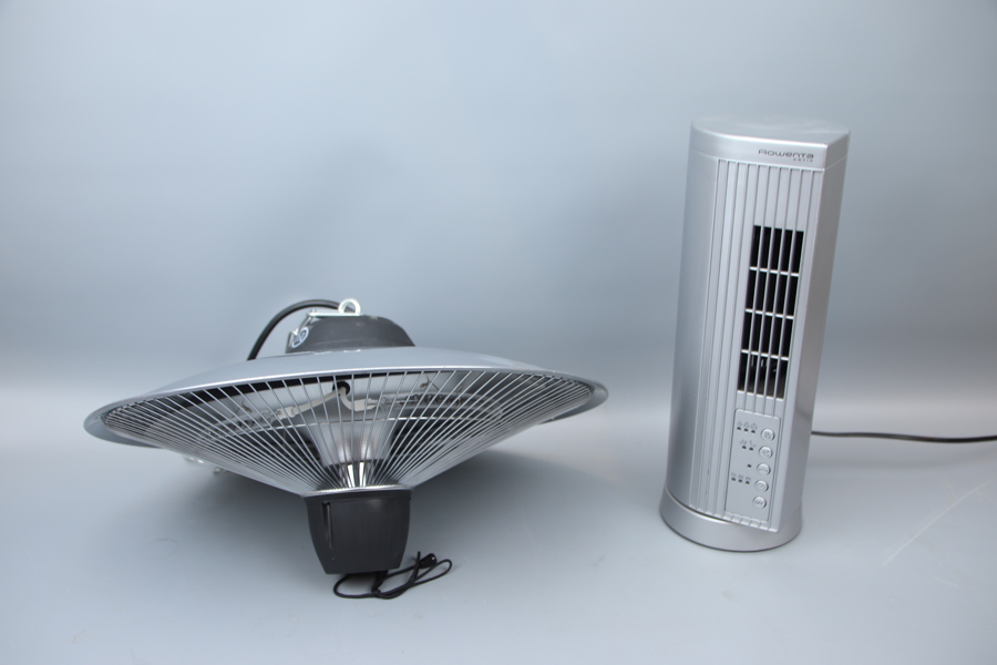 Hängande terrassvärmare och skrivbordsfläkt, metall/plast, bl.a Rowenta.
