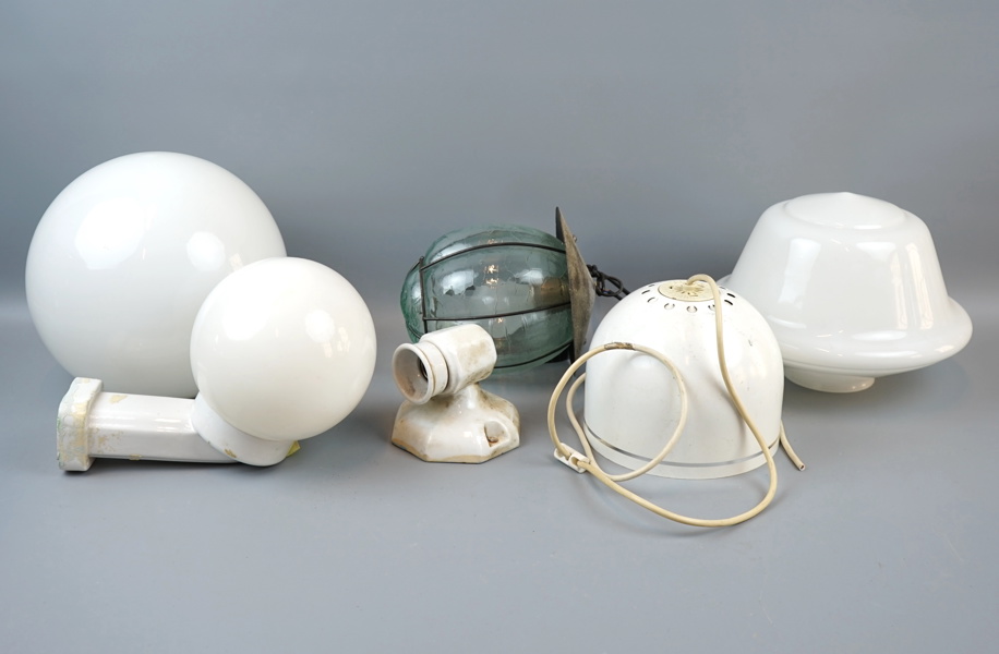 Lampor och lampkupor, 6 delar, glas/keramik.