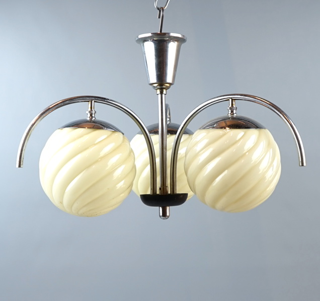 Taklampa, 3 ljuspunkter, glas/metall, art deco.