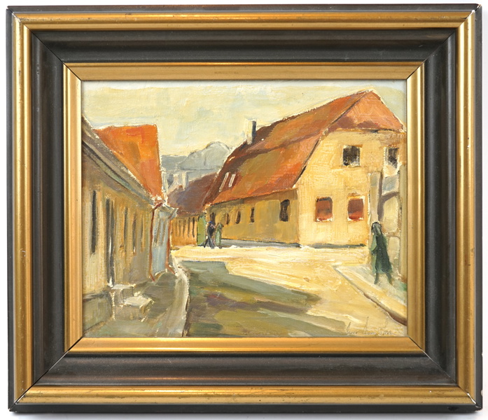 Lars Engström, ''Skansgatan Ystad'', olja på pannå, signerad.