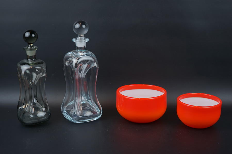 Karaffer och skålar, 4 delar, glas, Holmegaard.