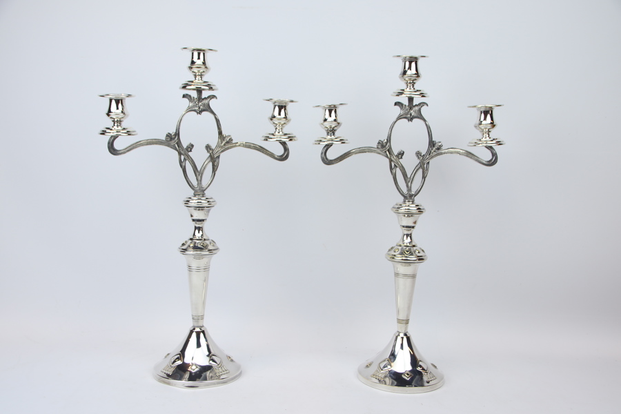 Kandelabrar, ett par, för 3 ljus, nysilver, jugendstil.