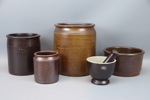 Krus och mortel med stöt, 5 delar, keramik, bl.a Höganäs.