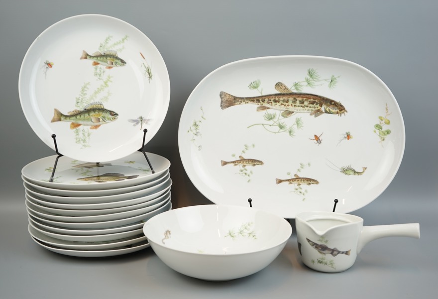 Fiskservis, 15 delar, porslin, Karlskrona Upsala-Ekeby.