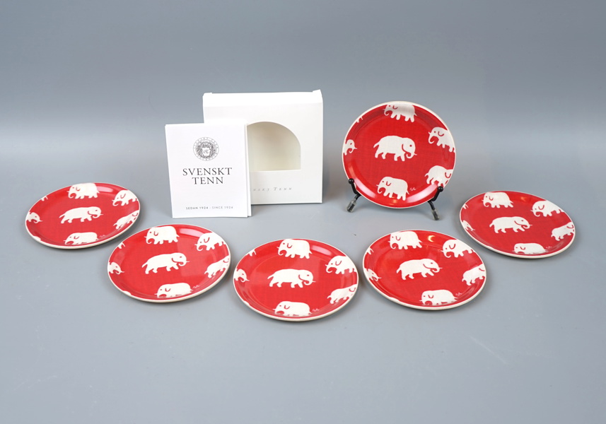 Estrid Ericson, coasters, 6 st, Björkfanér, ''Röd Elefant'', Svenskt Tenn.