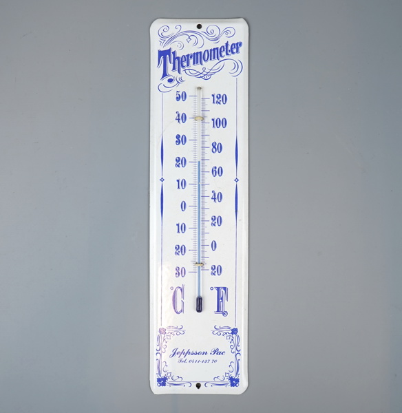 Termometer, emaljerad plåt.