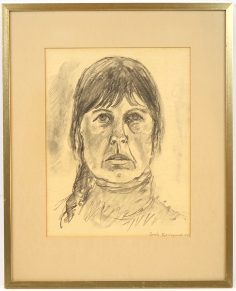 Bente Bjerregaard, självporträtt, blyerts, signerad, 1977.