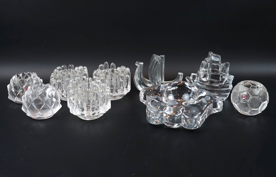 Ljuslyktor, skål och figuriner, 9 delar, glas, bl.a Orrefors.
