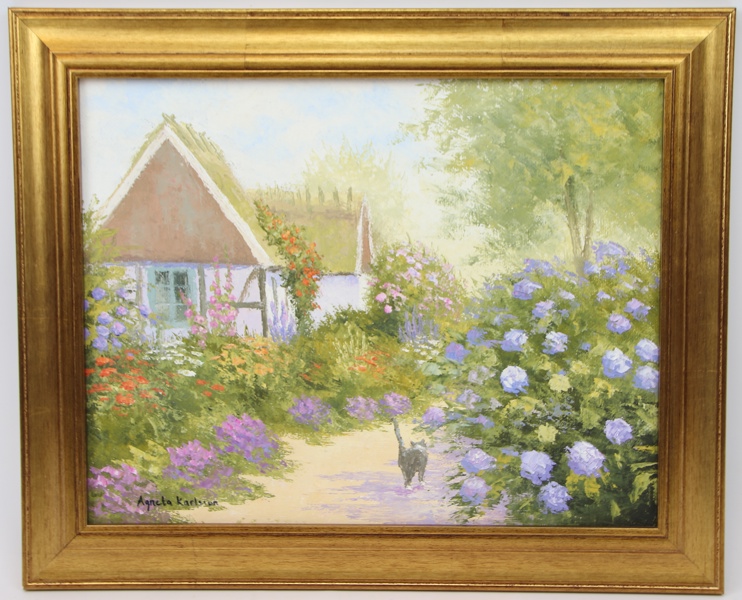 Agneta Karlsson, "Blomsterprakt på landet", olja på duk, signerad.
