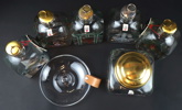Karaffer, burk och ljusstake, 7 delar, glas, Holmegaard, Danmark.