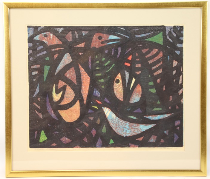 Arno Vihalemm (Estland 1911-1990), "Skogsfåglar Tropica", träsnitt/handtryck 4/32, 1955.