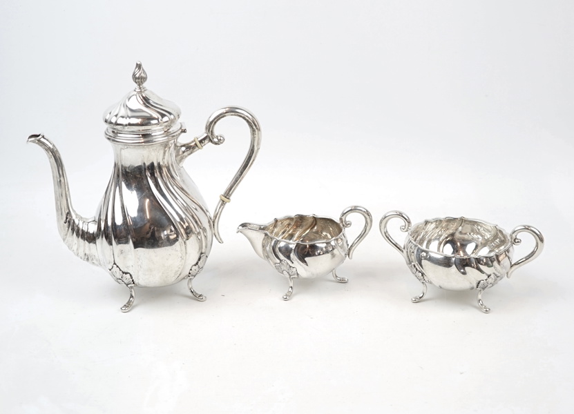 Kaffekanna, gräddkanna och sockerskål, silver, Danmark.