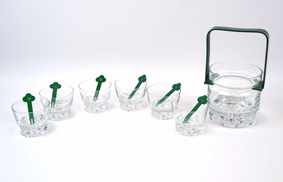 Jan Johansson, glas och ishink, 7 delar, glas/plast, Orrefors.