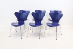 Arne Jacobsen, stolar, 6 st, trä/krom, "Sjuan", Fritz Hansen, Danmark.