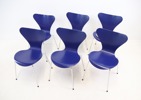 Arne Jacobsen, stolar, 6 st, trä/krom, "Sjuan", Fritz Hansen, Danmark.