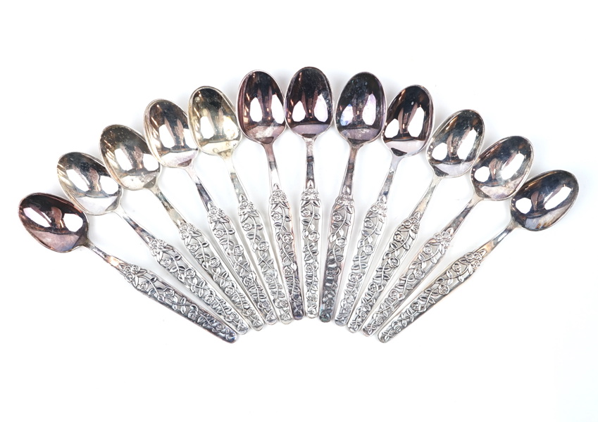 Kaffeskedar, 12 st, silver 830, ''Rosenranka''.