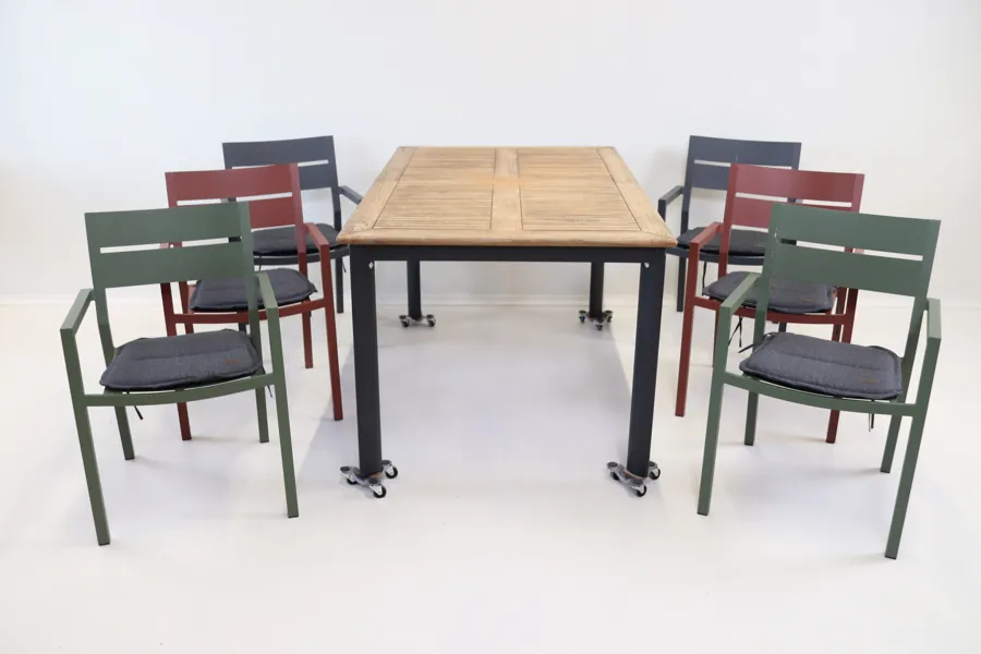 Trädgårdsmöbler, 7 delar, metall/trä, Brafab, samt dynor, 6 st, textil.