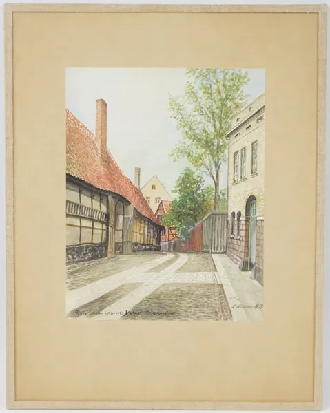 Edward Wollin, ''Motiv från Gamla Ystad, Täppgränd'', akvarell, signerad, 1959.