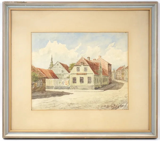 Oidentifierad konstnär, ''Ystad'', akvarell, signerad F. Borgström, 1916.