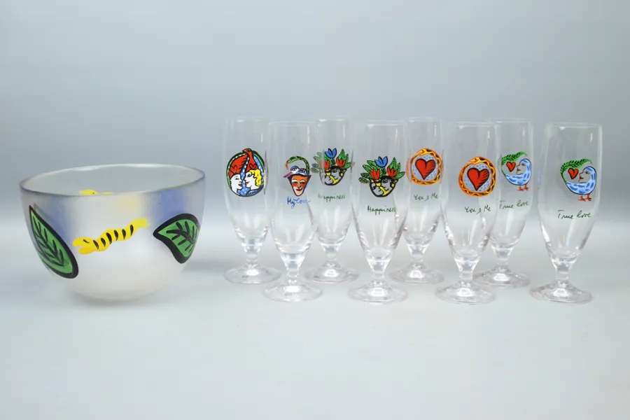 Ulrica Hydman Vallien, skål och ölglas, 9 delar, Kosta Boda.