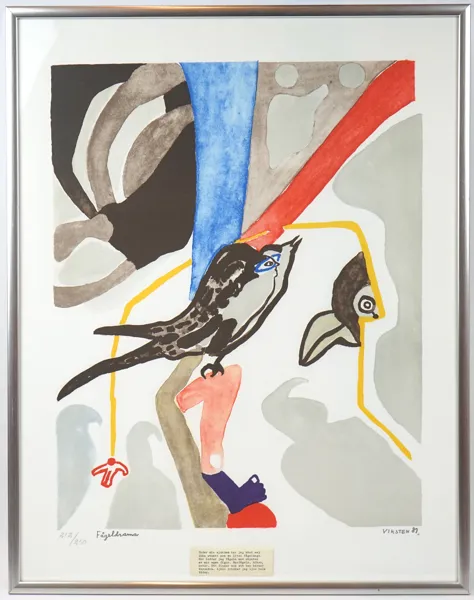 Hans Viksten, ''Fågeldrama'', litografi nr 212/250, signerad, 1987.