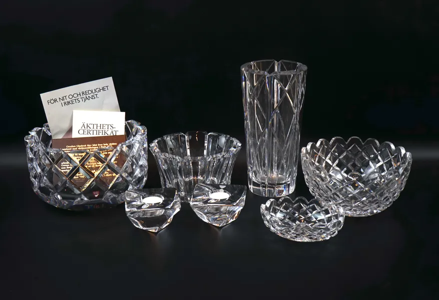 Skålar, vas och ljuslyktor, 7 delar, glas, Orrefors och Boda.