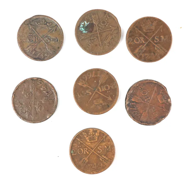Mynt, 2 öre silvermynt, koppar, 7 st, Adolf Fredrik, 1700-tal.