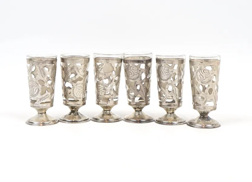 Snapsglas, 6 delar, sterlingsilver, med glasinsats, Mexiko.