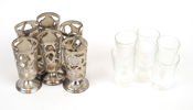 Snapsglas, 6 delar, sterlingsilver, med glasinsats, Mexiko.