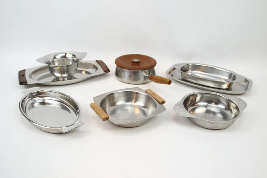 Rostfritt, 8 delar, bl.a kastrull, rostfritt/teak, Gunnar Ander, Ystad Metall.