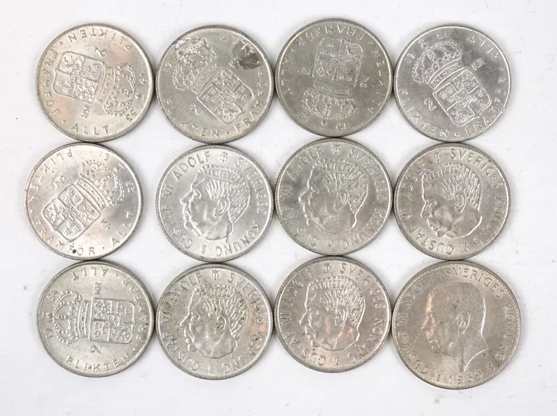 Mynt, 2-kronor, Gustaf VI Adolf, 11 st, 1952-63, 5-krona, 1959.