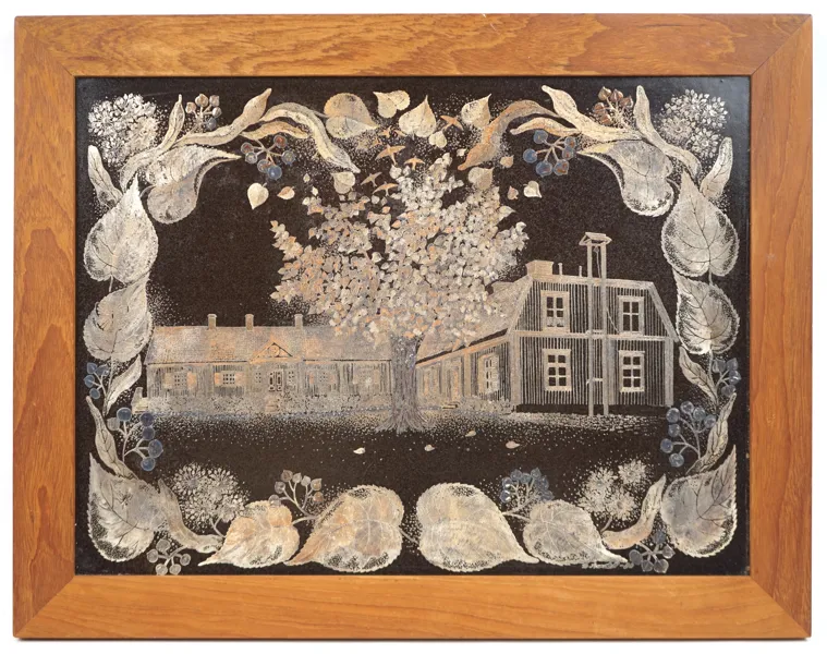 Britt-Louise Sundell, ''Farsta Gård'', silvermålning på chamotterat stengods, 46/100, signerad, 1980, Gustavsberg.