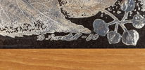 Britt-Louise Sundell, ''Farsta Gård'', silvermålning på chamotterat stengods, 46/100, signerad, 1980, Gustavsberg.