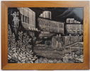 Jorma Räisänen, ''Farsta Centrum'', silvermålning på chamotterat stengods, 46/100, signerad, 1981, Gustavsberg.