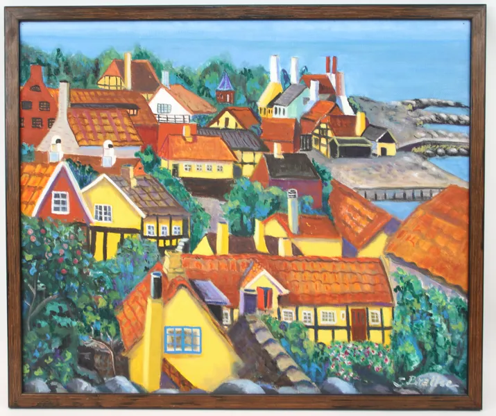 Svea Brattse, "Utsikt över Gudhjem", olja på pannå, signerad.