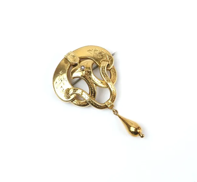 Brosch med droppformad kläpp, 18K guld, 1874.