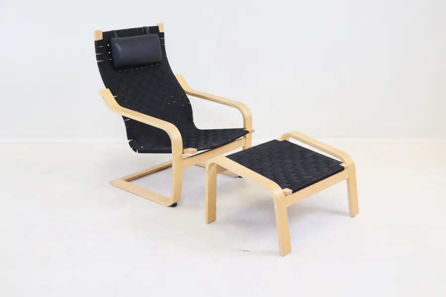 Noborn Nakamura, fåtölj med fotpall, trä/sadelgjord/skinn, "Poäng", IKEA, 1999.