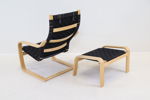 Noborn Nakamura, fåtölj med fotpall, trä/sadelgjord/skinn, "Poäng", IKEA, 1999.