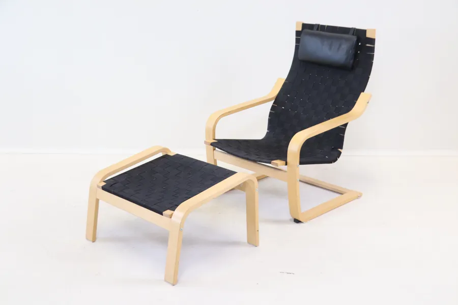 Noborn Nakamura, fåtölj med fotpall, trä/sadelgjord/skinn, "Poäng", IKEA, 1999.