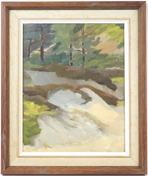 Ruth Wahlund, ''Skog på sandstrand'', olja på duk, signerad.