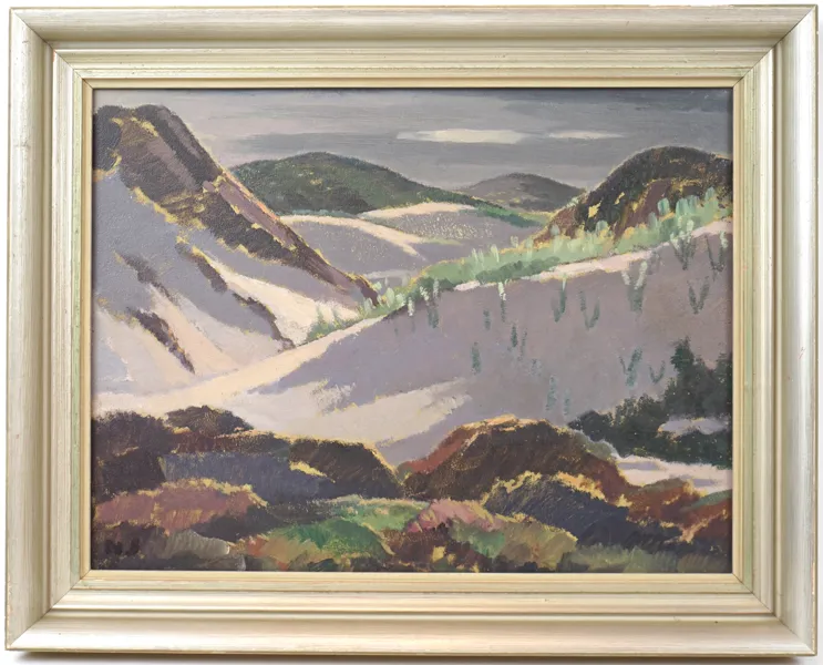 Nils Soneson, ''Sandhamnens landskap I'', olja på pannå, monogramsignerad och signerad a tergo.
