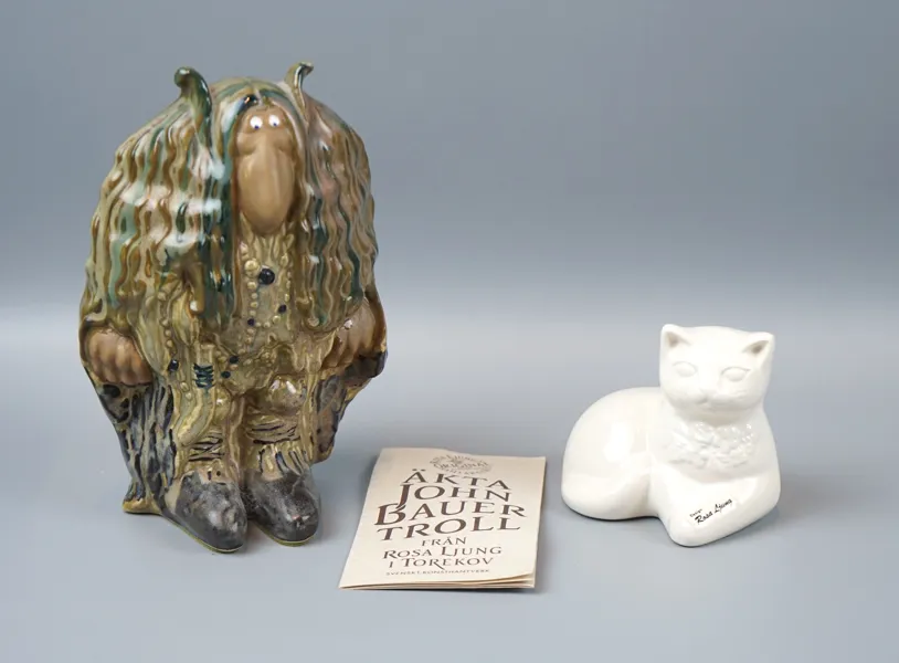 Figuriner, 2 st, porslin, John Bauer Troll och katt, Rosa Ljung.